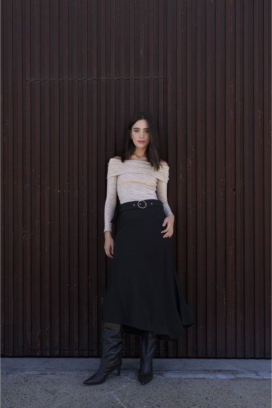 Falda midi negra con cinturón - Zenda Couture